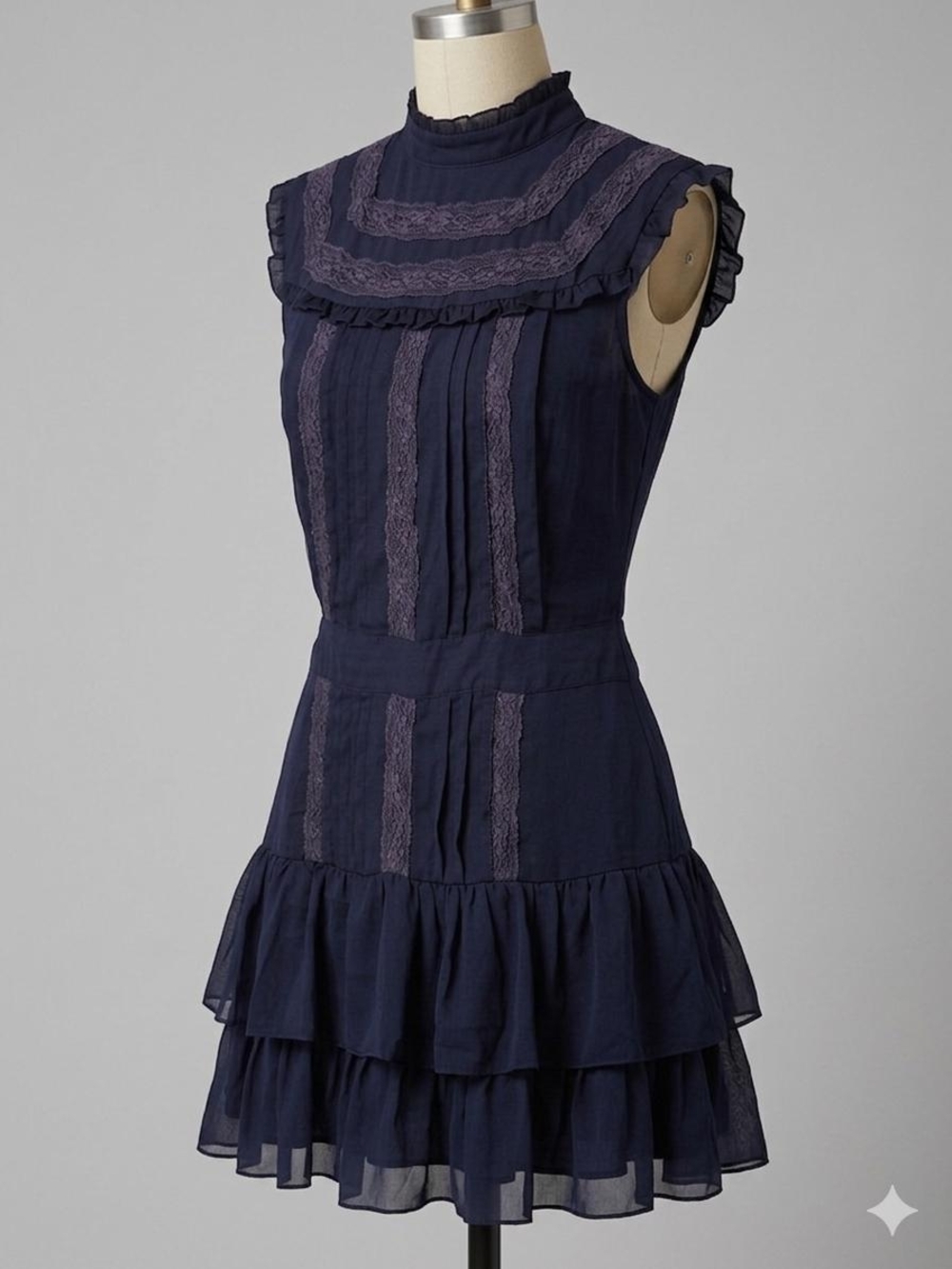 Navy Lace Ruffle Trim Cocktail Dress Sleeveless Textured Spring Evening Dress S